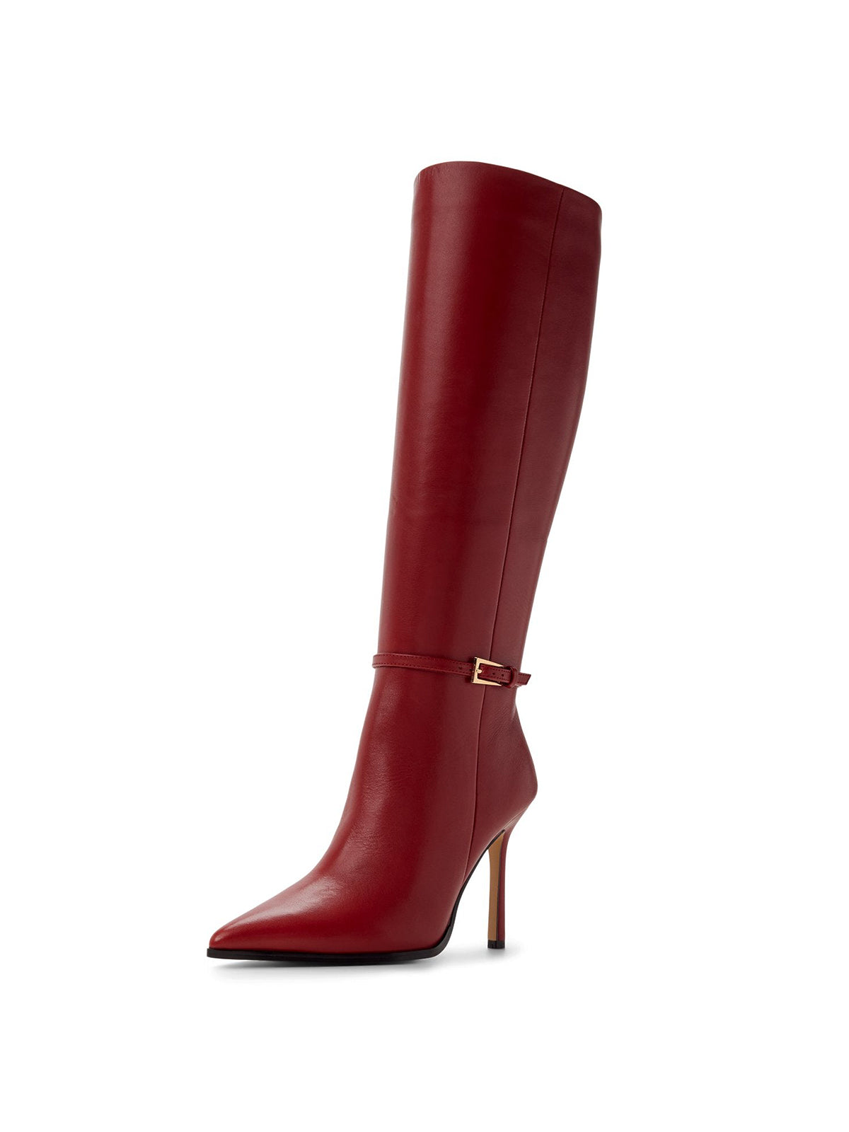Red Pointed-Toe Buckle Strap Full-Zip Knee High Stiletto Boots