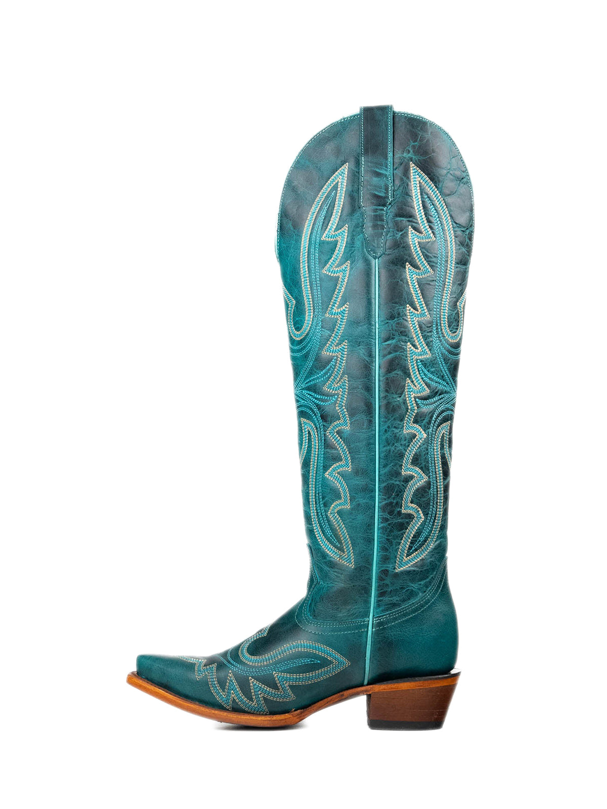 Distressed Turquoise Snip-Toe Embroidery Knee High Tall Half-Zip Cowgirl Boots