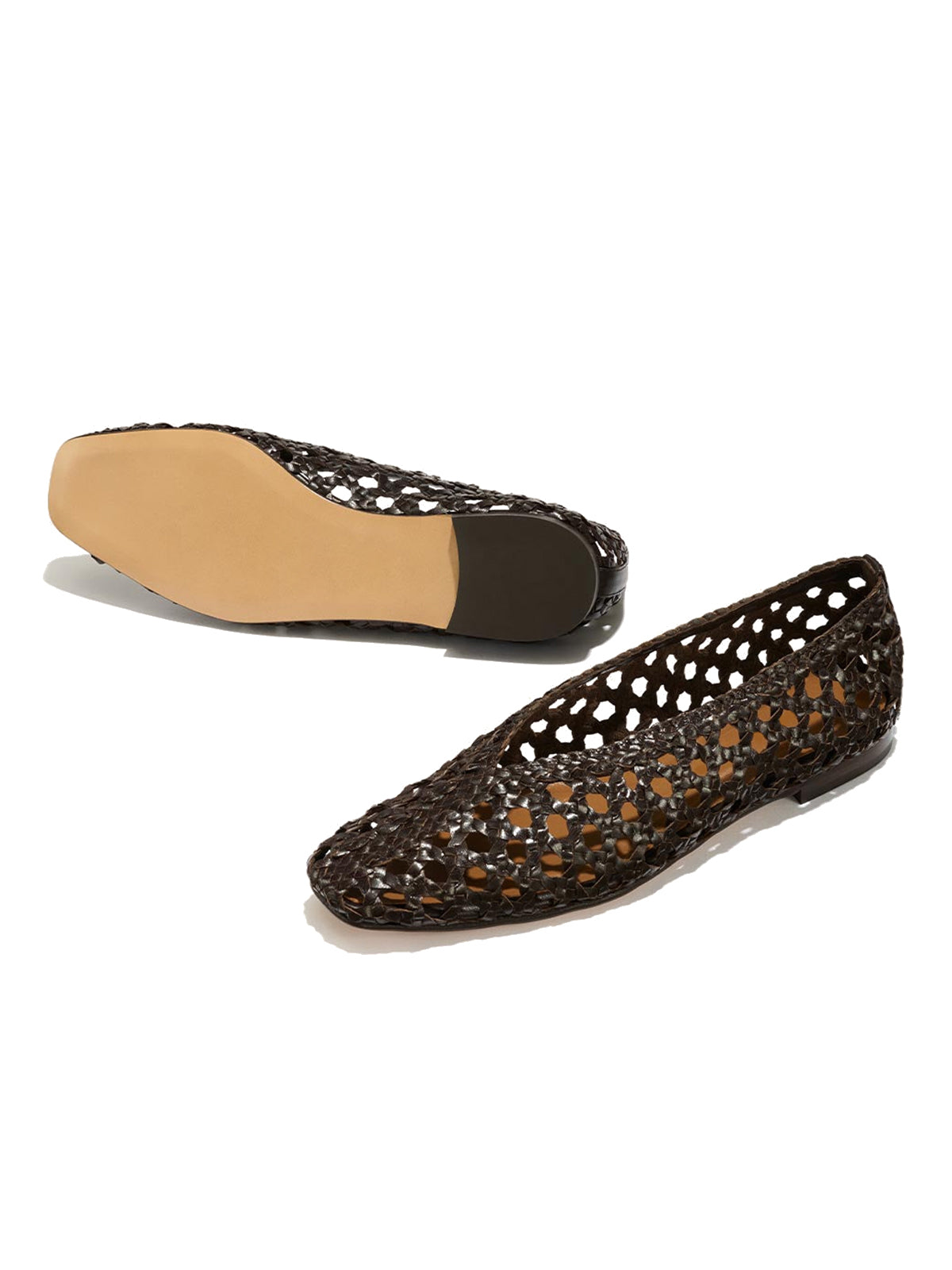 Coffee Woven Vegan Leather Square-Toe Chic Ballet Flats