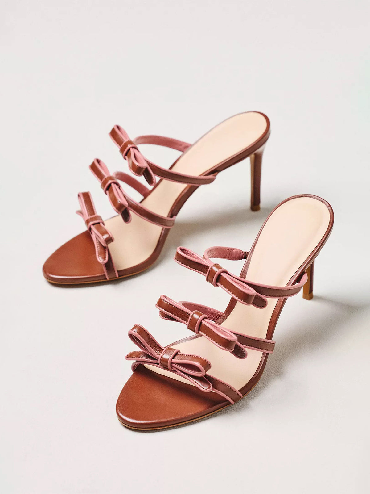 Brown Peep Round-Toe Triple-Bow Backless High Heels