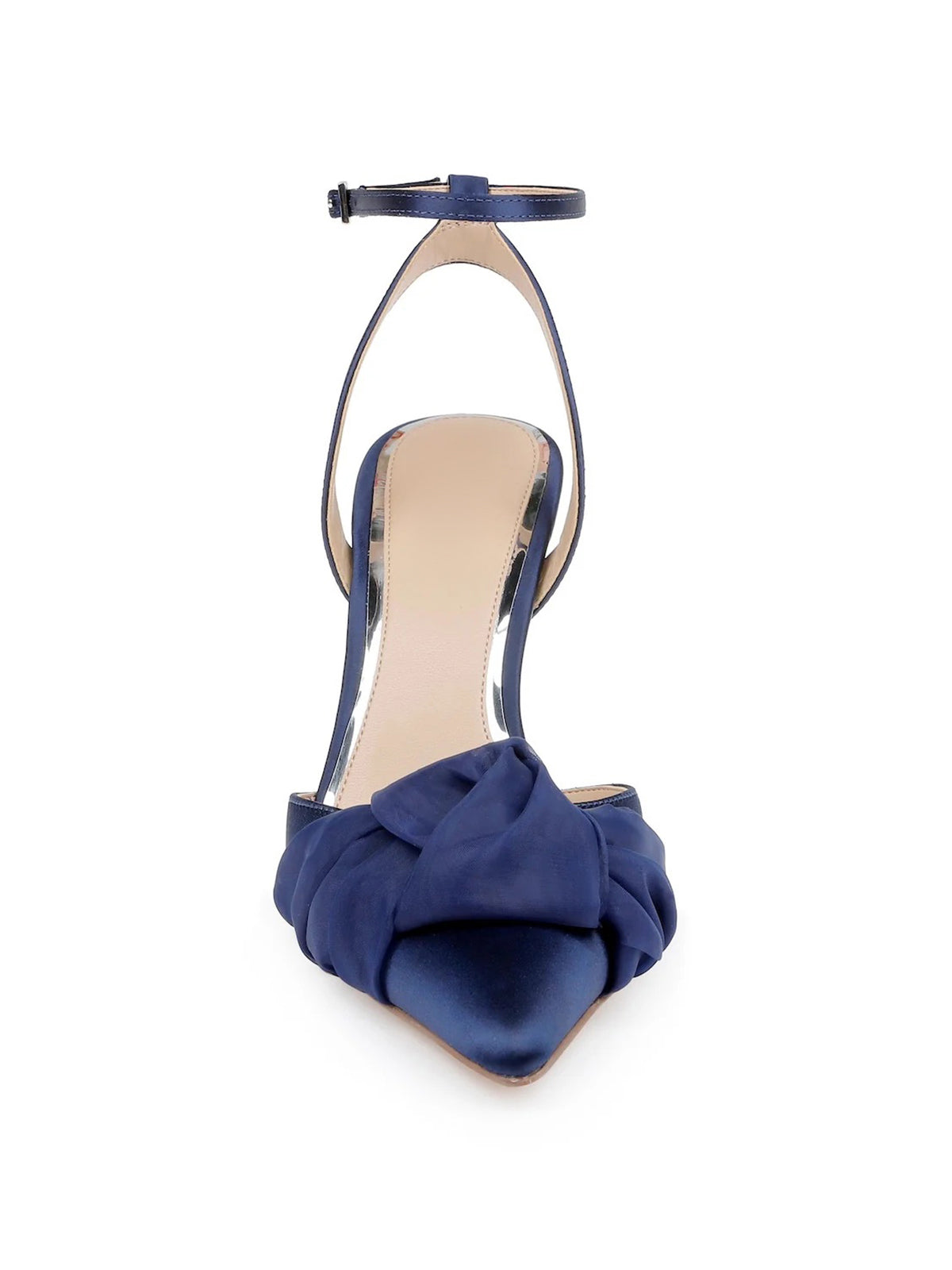 Navy Satin Pointed-Toe Front Soft Knot Slingback Ankle Strap High Heels
