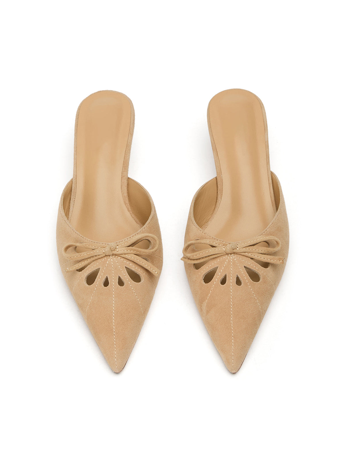 Tan Faux Suede Pointed-Toe Front Cut-Out And Bow Backless Kitten Heels