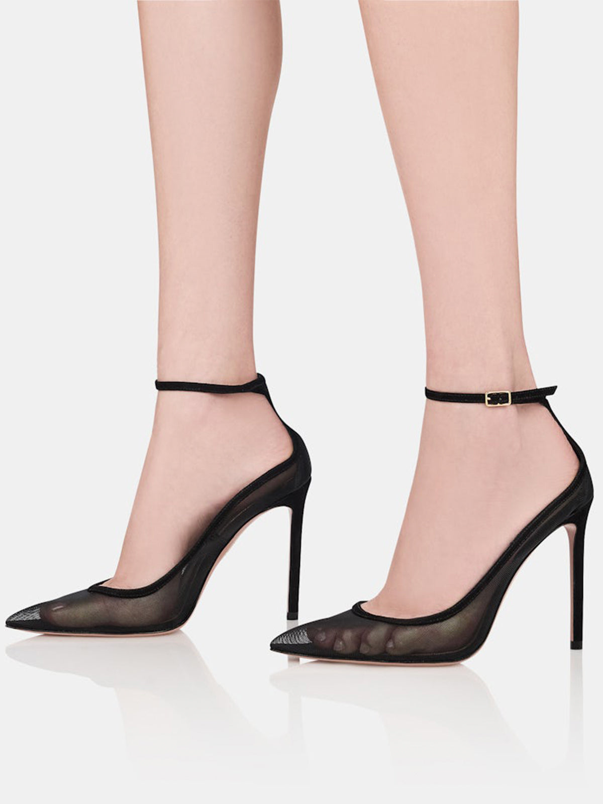Black Mesh Pointed-Toe High Heels Pumps With Ankle Strap