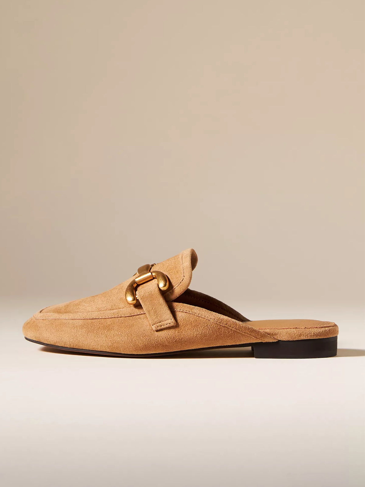 Camel Faux Suede Square-Toe Slip-On Front Metal Detail Flats Loafers