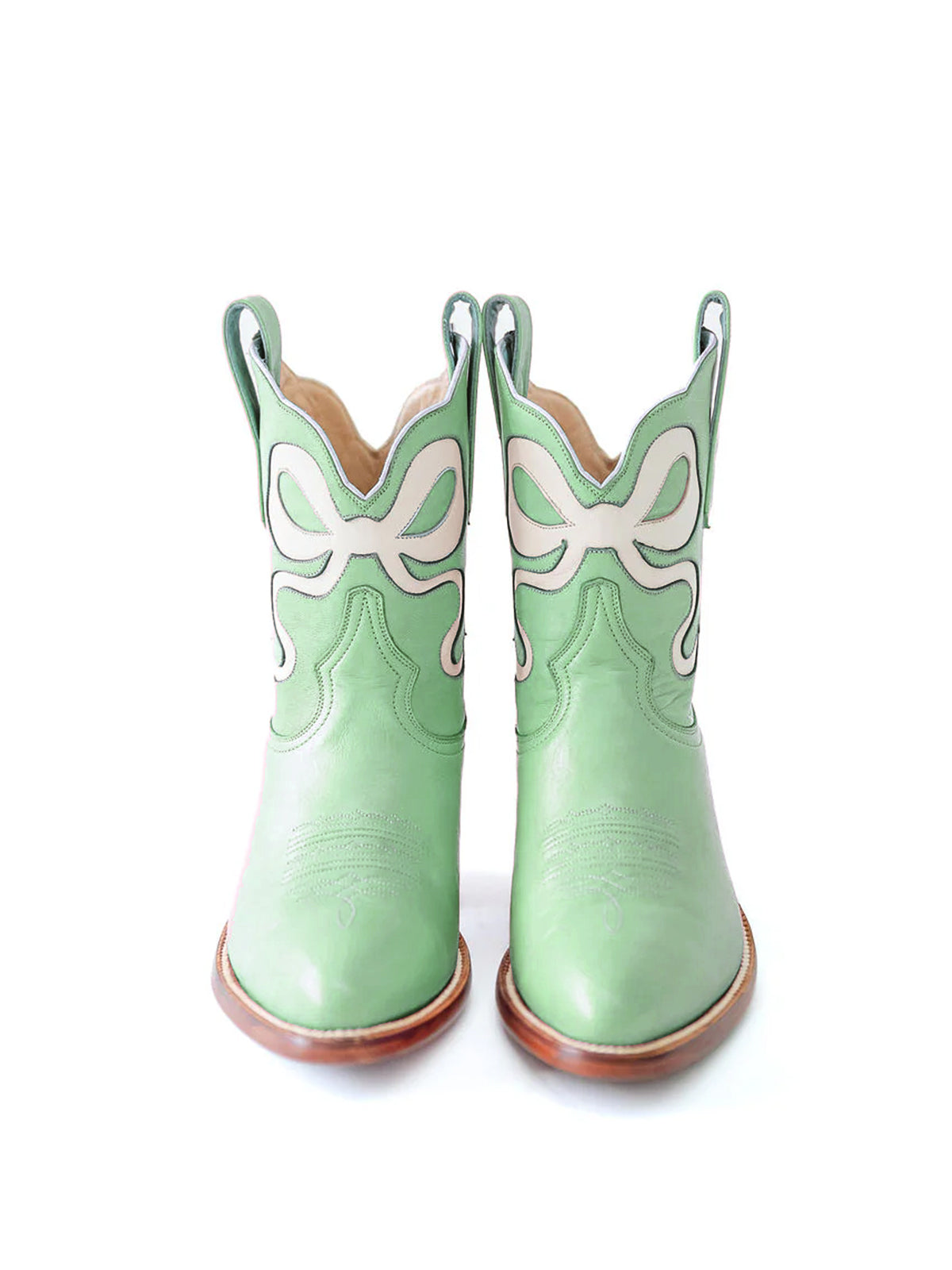 Green Almond-Toe Ankle Western Boots With White Bowknot Inlay