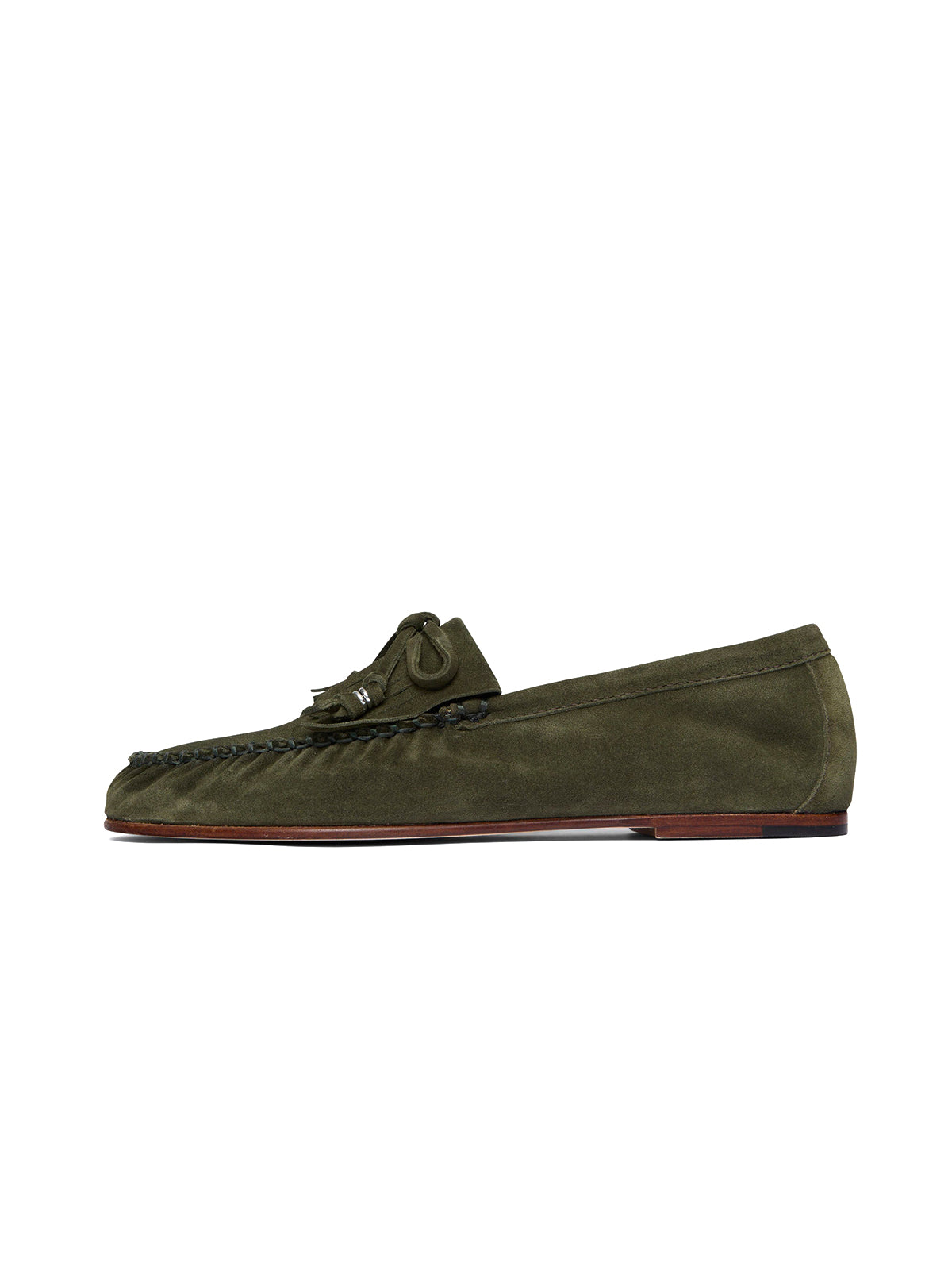 Coffee Cow Suede Round-Toe Front Fringe And Bow Loafers Flats