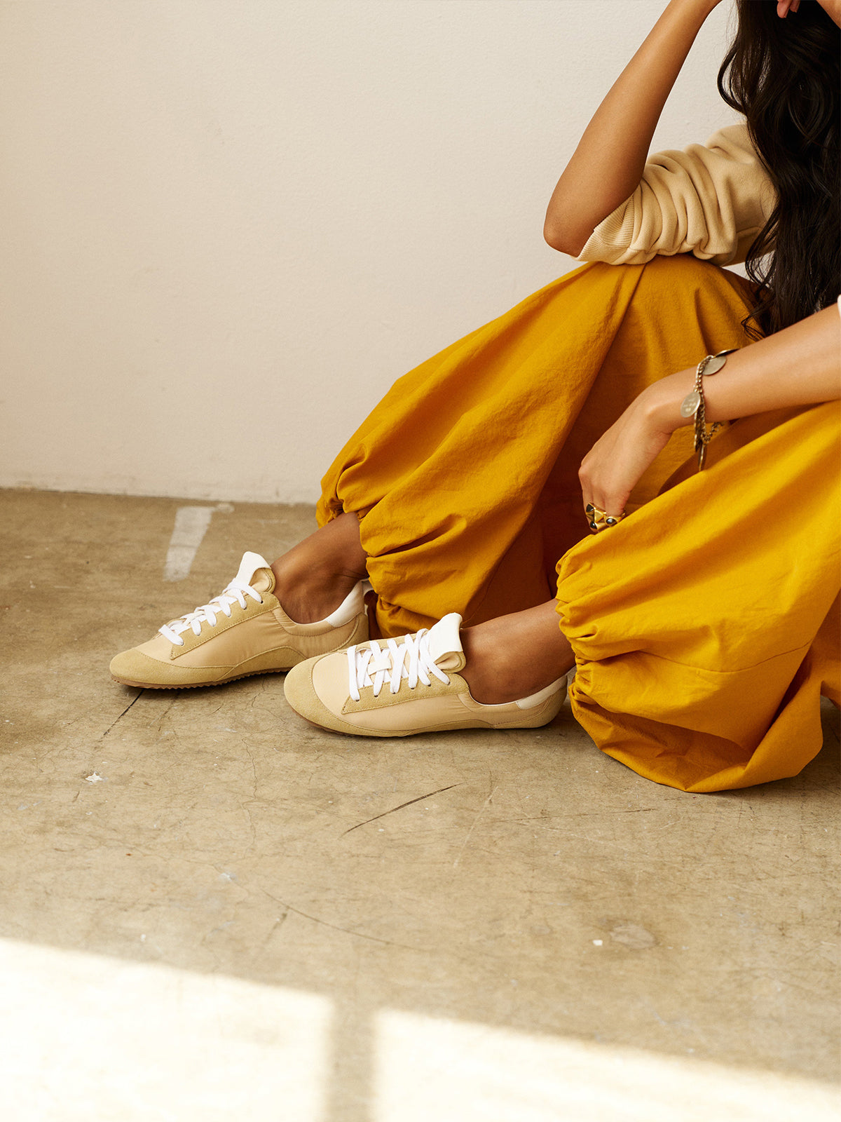 Cow Suede And Satin Round-Toe Lace-Up Chic Sneakers - Butter