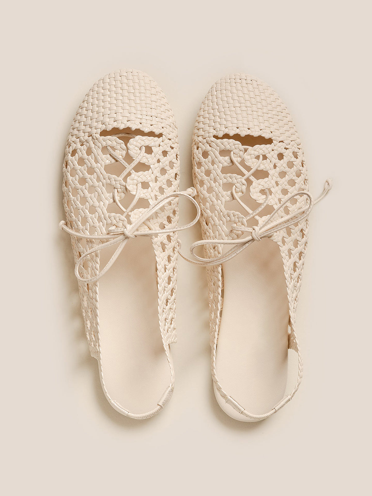Ivory Woven Vegan Leather Round-Toe Lace-Up And Back Strap Flats