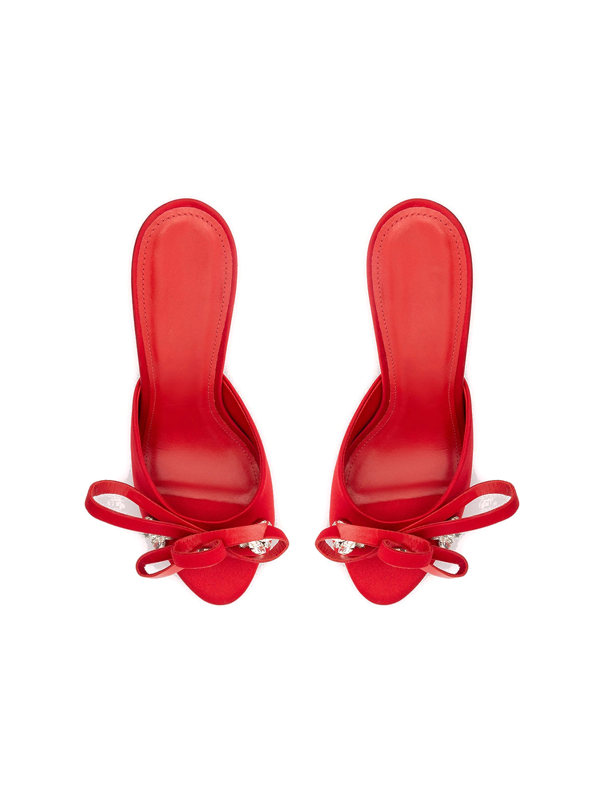 Red Satin Open Round-Toe Front Bow And Crystals High Heels