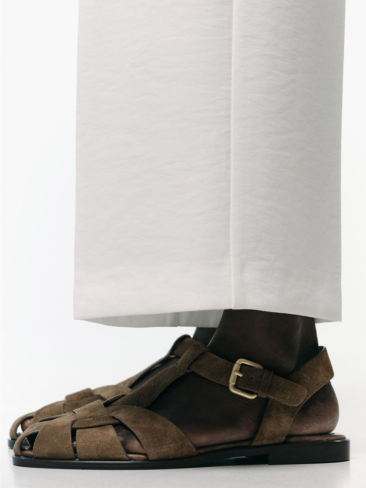 Taupe Faux Suede Round-Toe Ankle Strap Fisherman Sandals