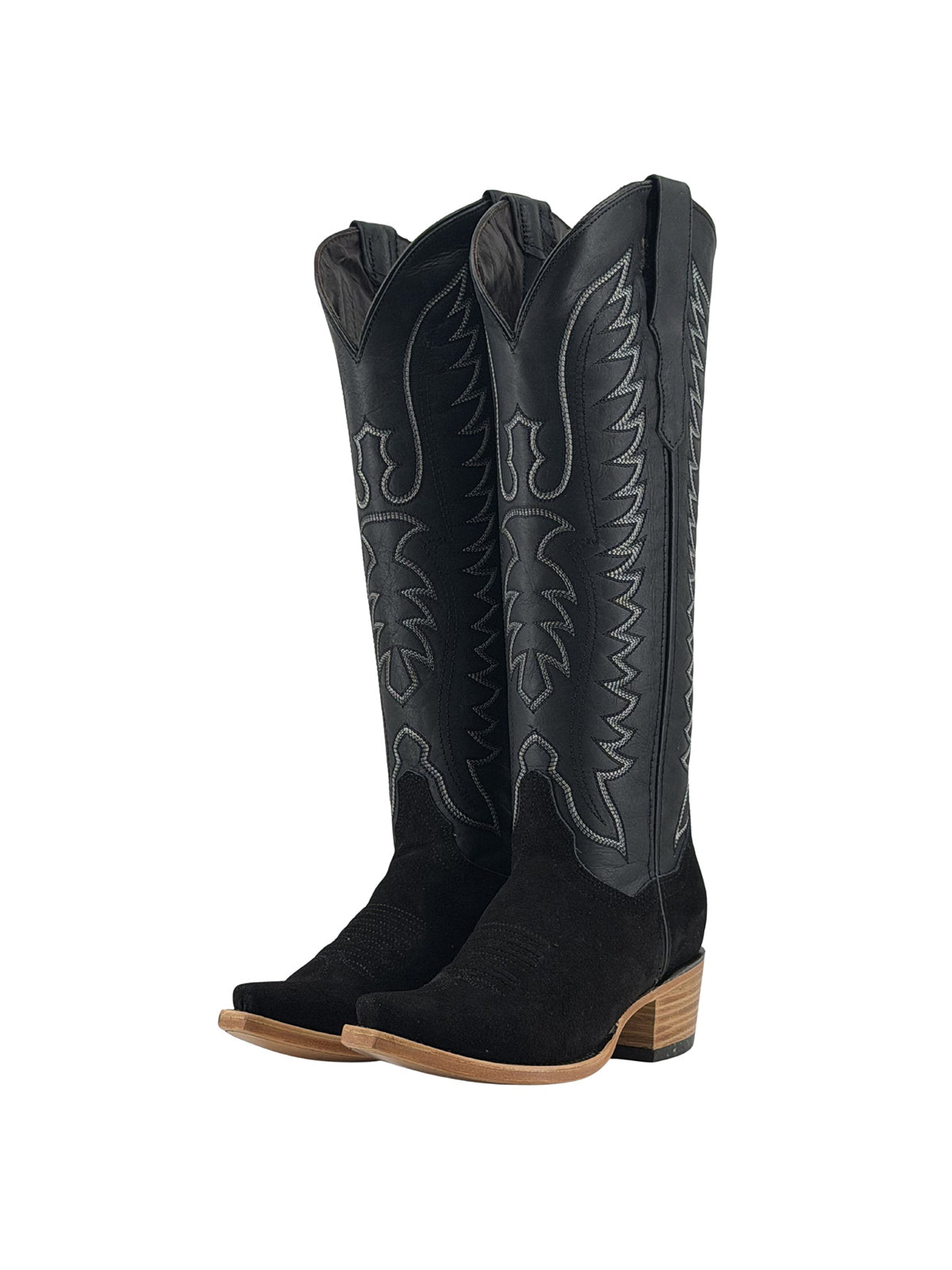 Black Snip-Toe Sleek Embroidery Half-Zip Knee High Cowgirl Boots For Woman