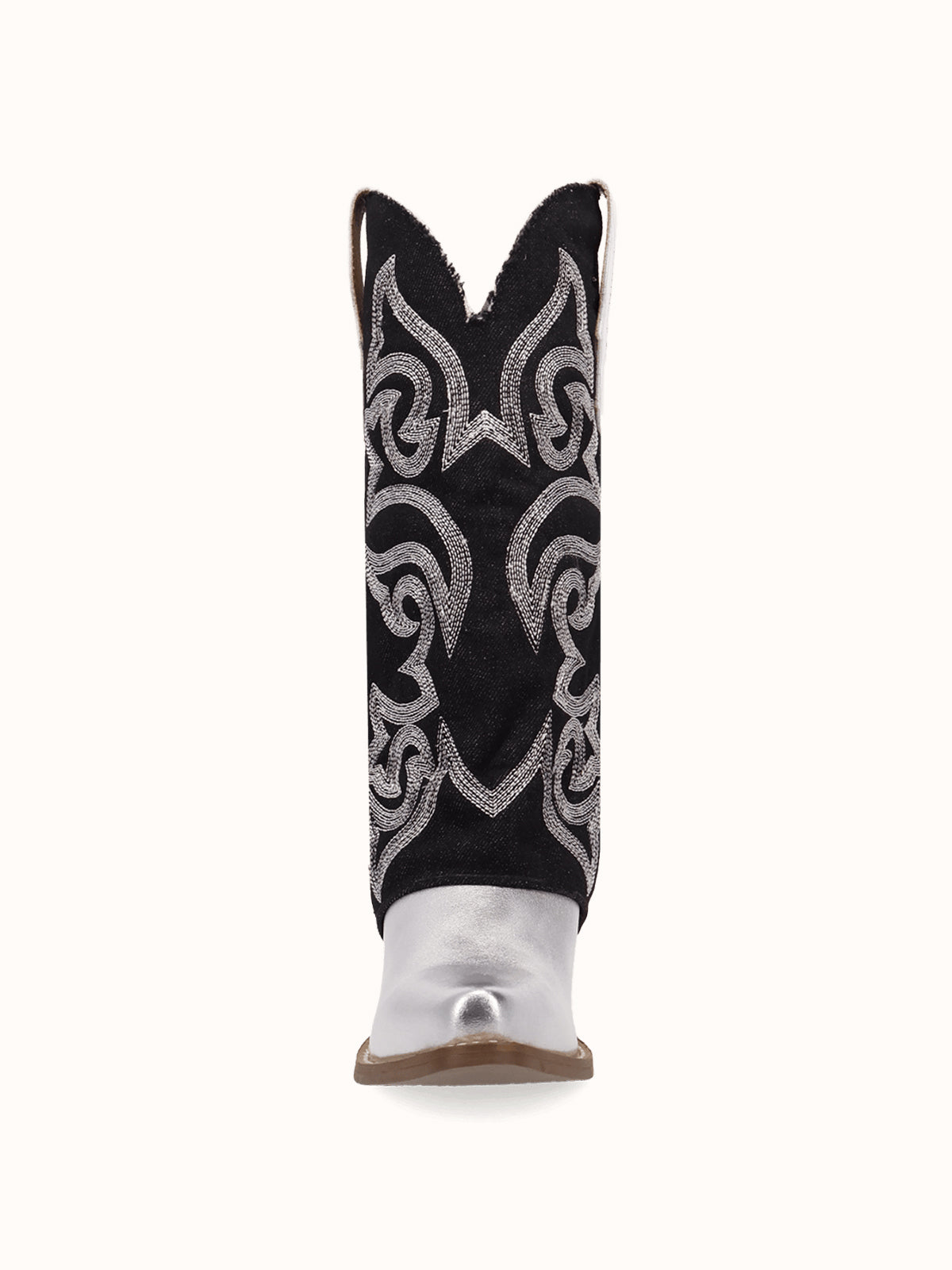 Black Denim And Silver Snip-Toe Embroidery Fold-Over Wide Calf Knee High Cowgirl Boots
