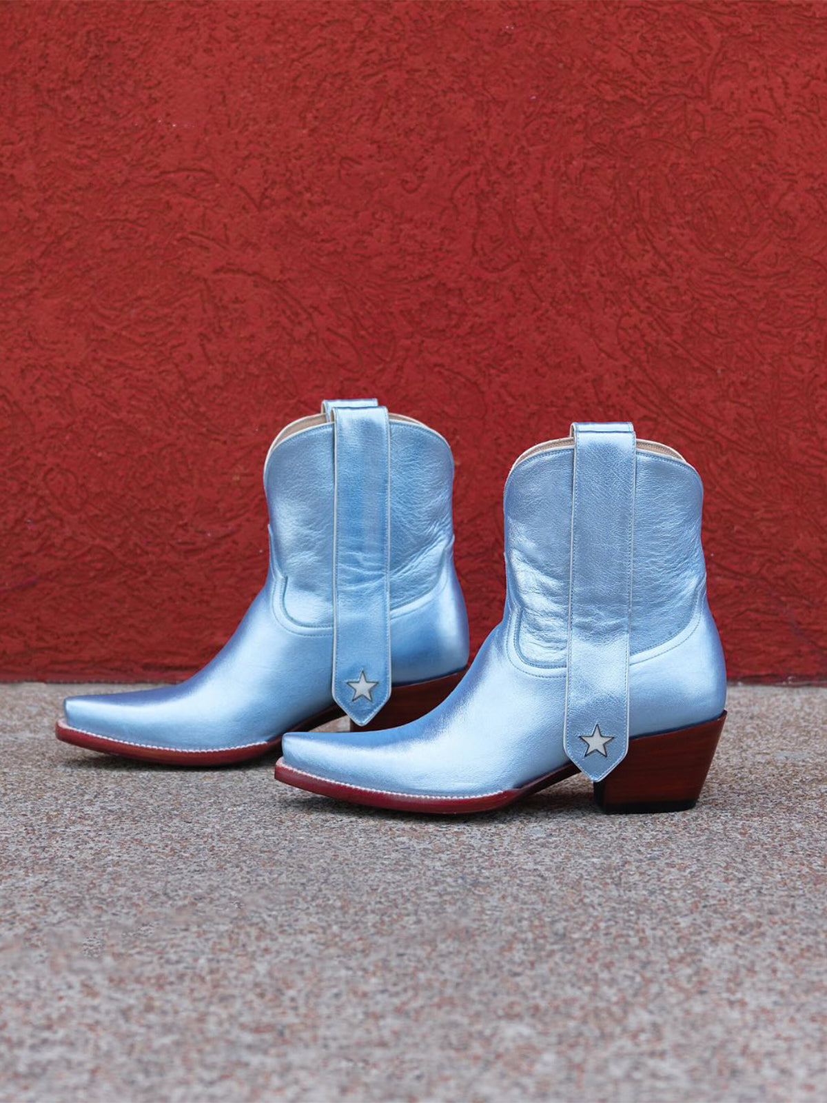 Metallic Blue Snip-Toe Long Ear Pull  With Heart Inlay Ankle Boots