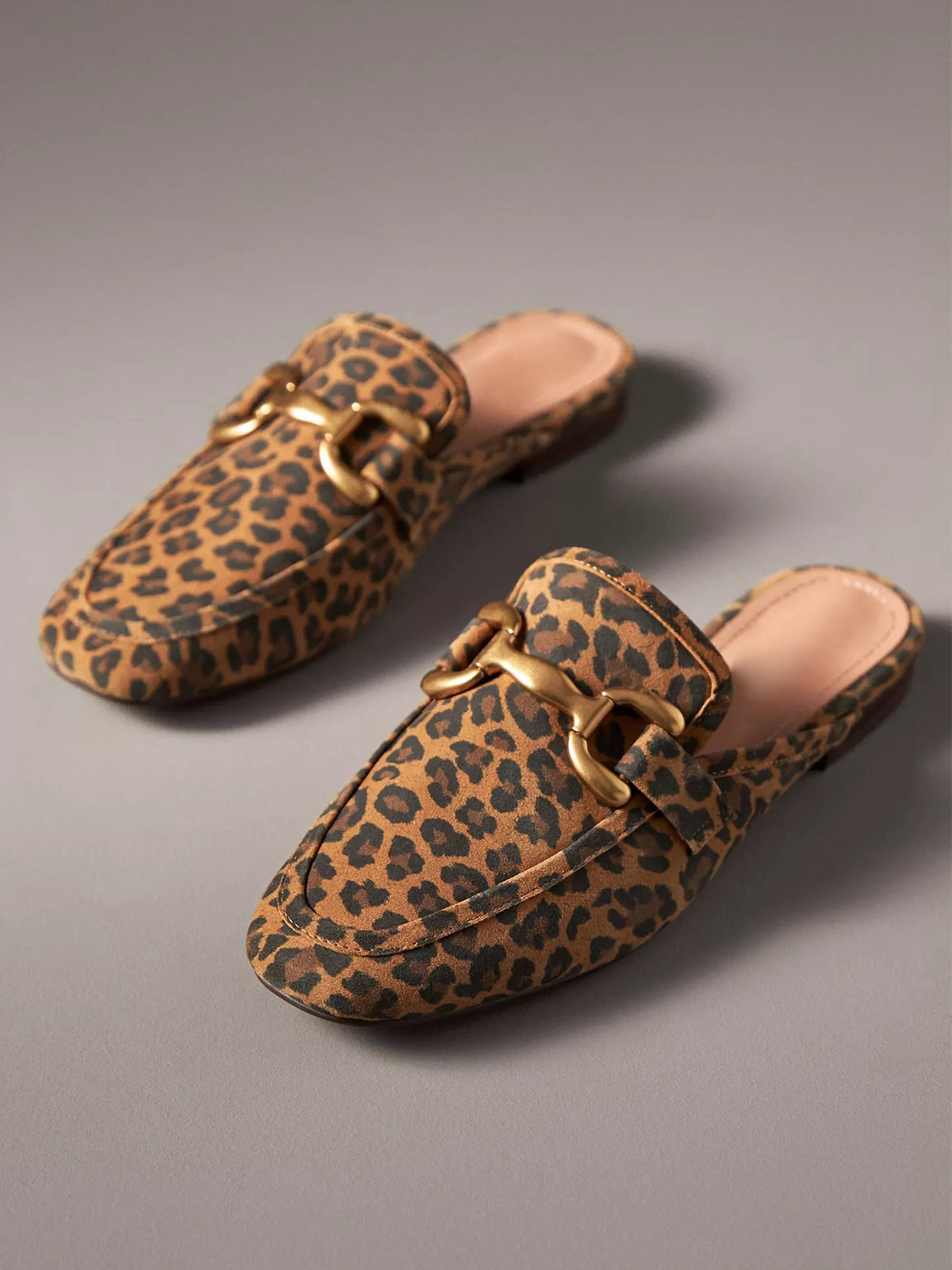 Leopard Faux Suede Square-Toe Slip-On Front Metal Detail Flats Loafers
