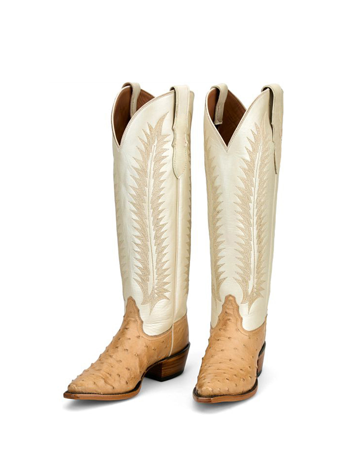 White Ostrich Print Snip-Toe Western Stitch Knee High Cowgirl Boots