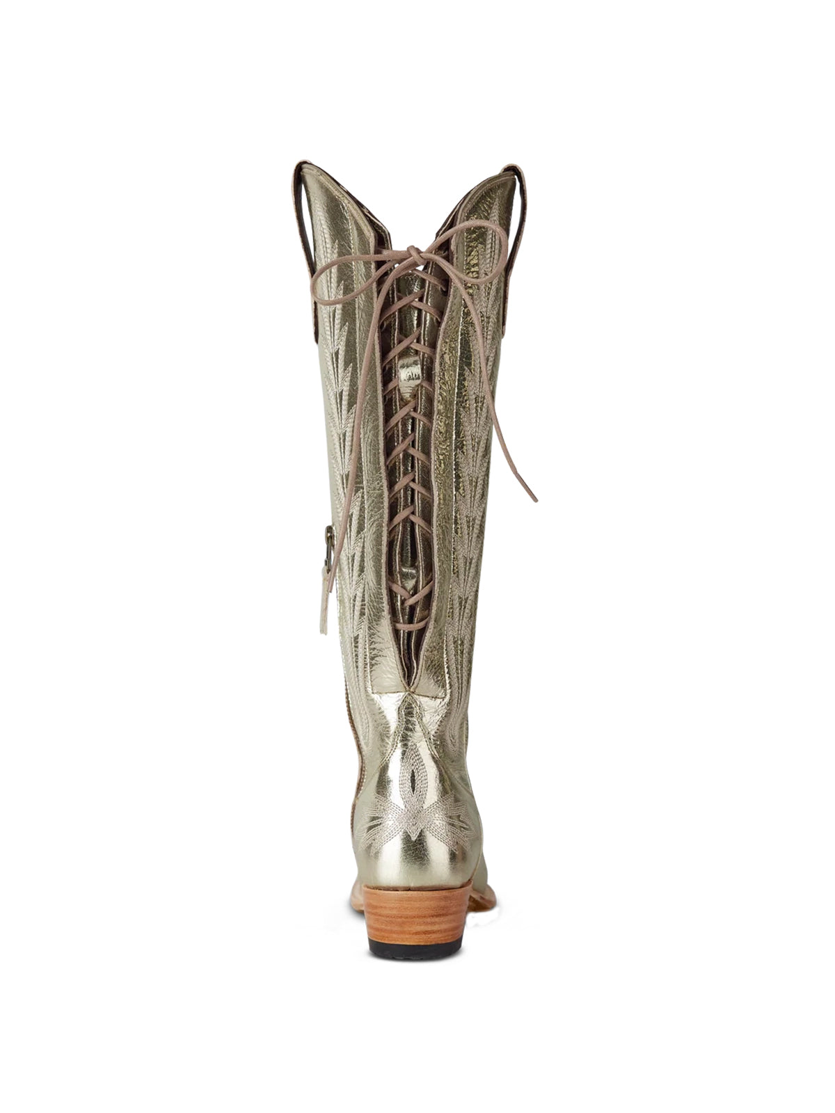 Snip-Toe Embroidery Half-Zip Back Lace-Up Knee High Cowgirl Boots - Metallic Champagne