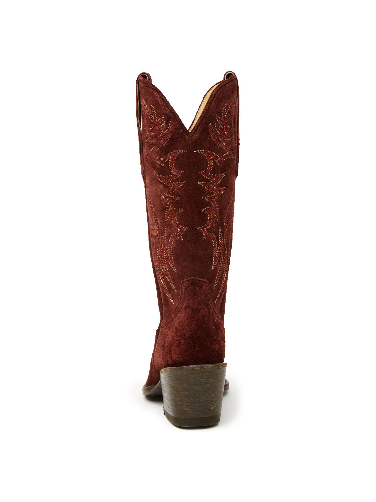 Faux Suede Wings Embroidery Pointed-Toe Mid Calf Cowgirl Boots - Wine Red