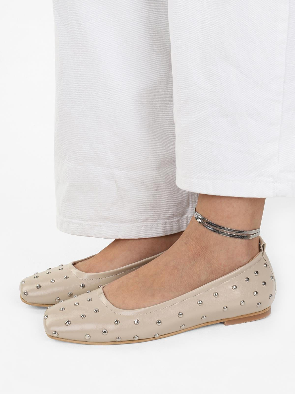 Beige Square-Toe Tiny Studs Slip-On Flats