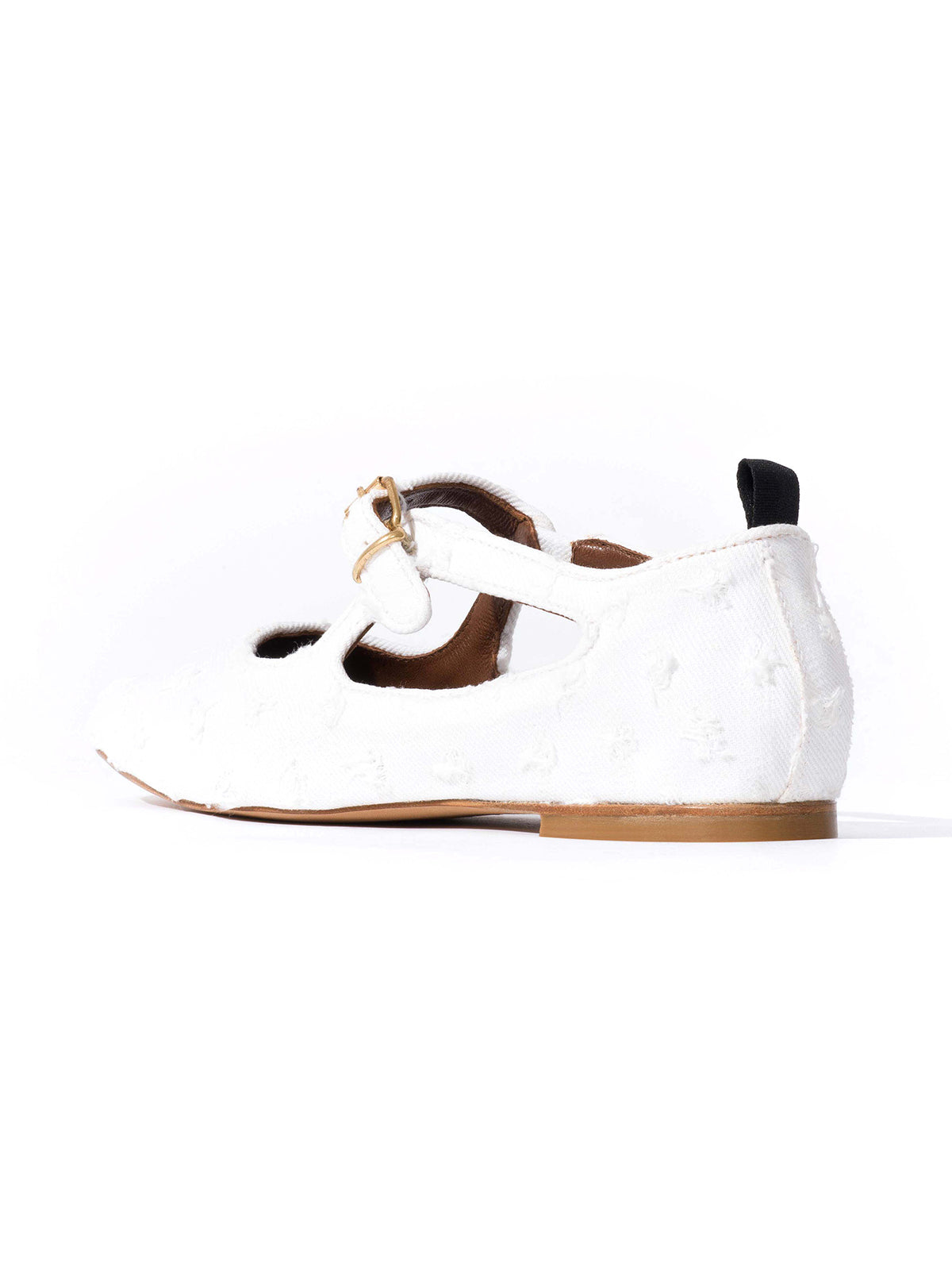Square-Toe Buckle Strap Chic Flats - White Denim
