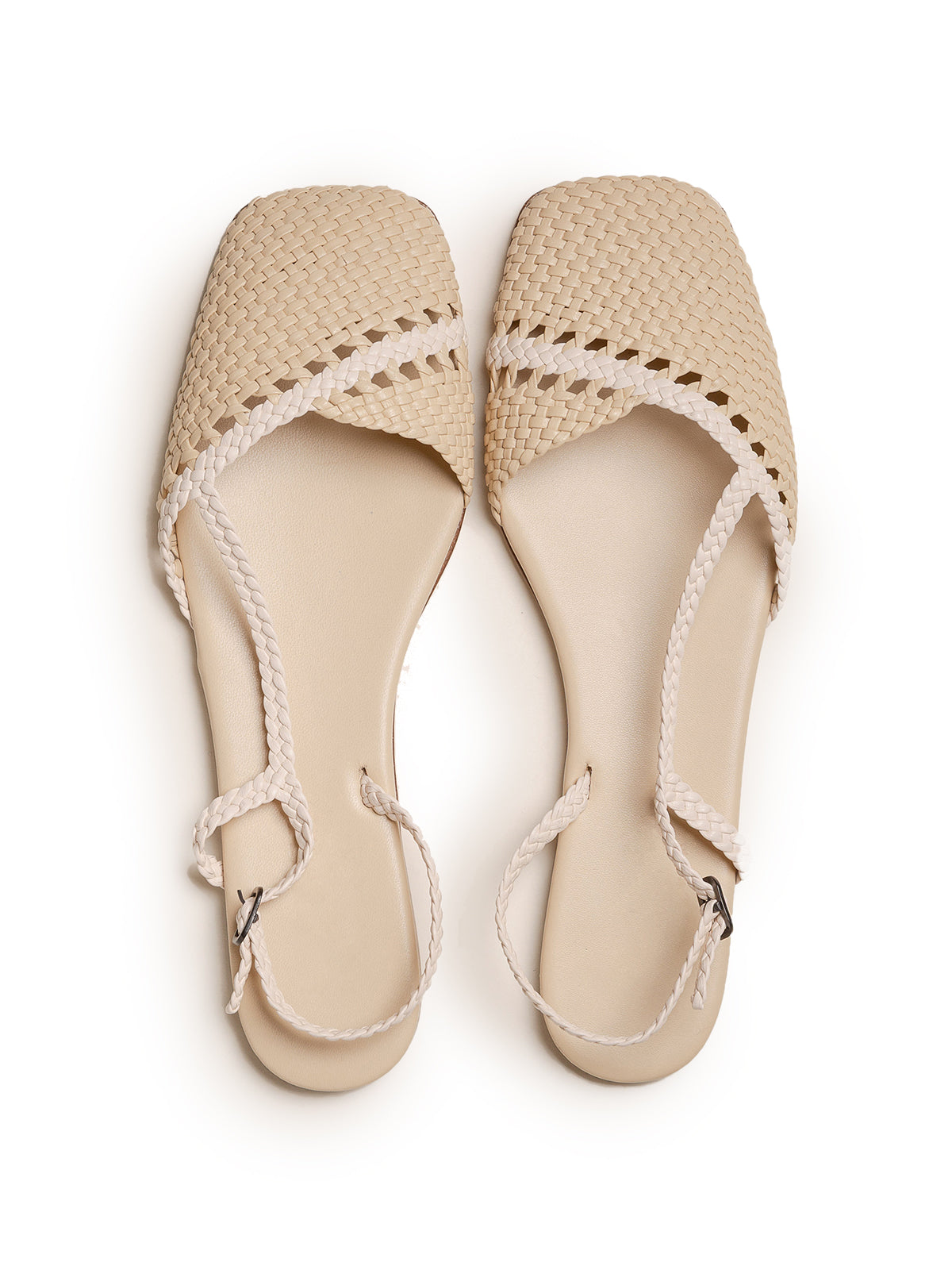 Beige And Ivory Woven Vegan Leather Square-Toe Back Strap Sandals Flats