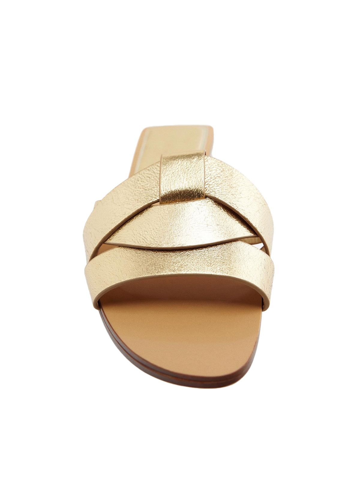 Front Crossover Strap Round-Toe Flat Sandals - Metallic Gold