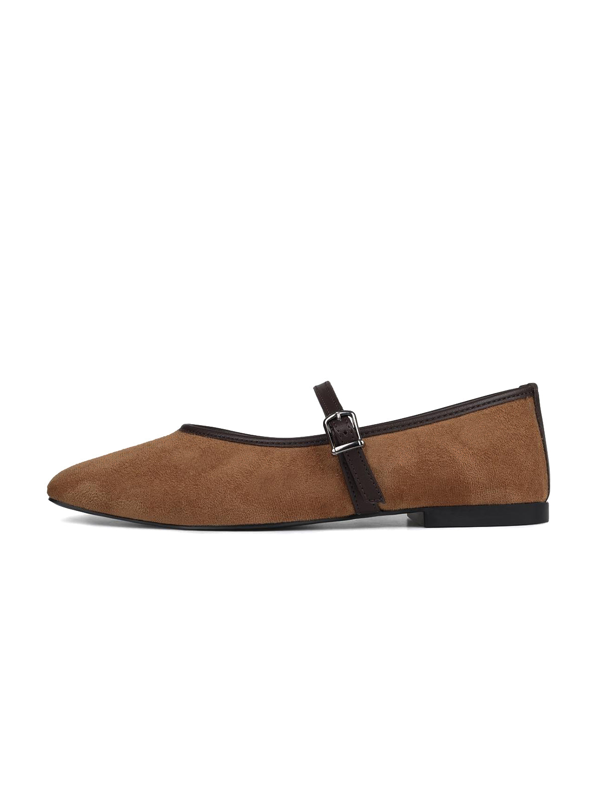 Tan Faux Suede Square-Toe Buckle Bridge Strap Classic Ballet Flats