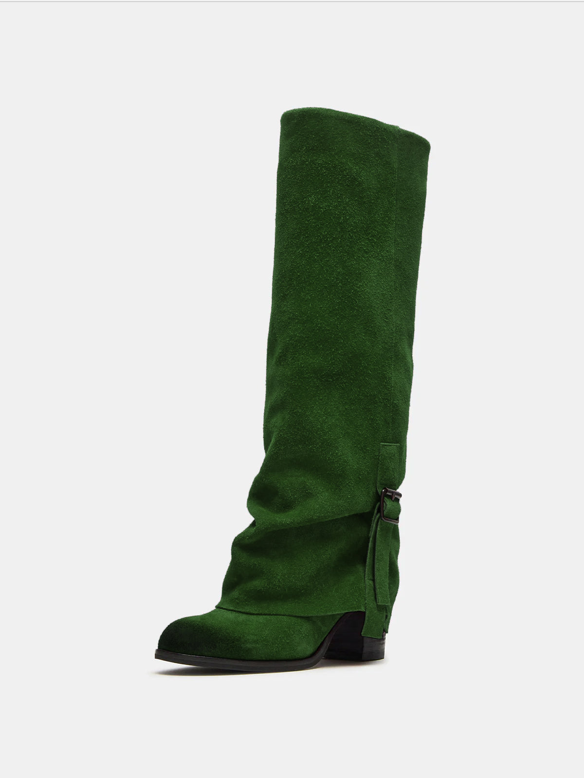 Grass Green Faux Suede Round-Toe Fold-Over Adjustable Buckle Knee High Cowgirl Boots