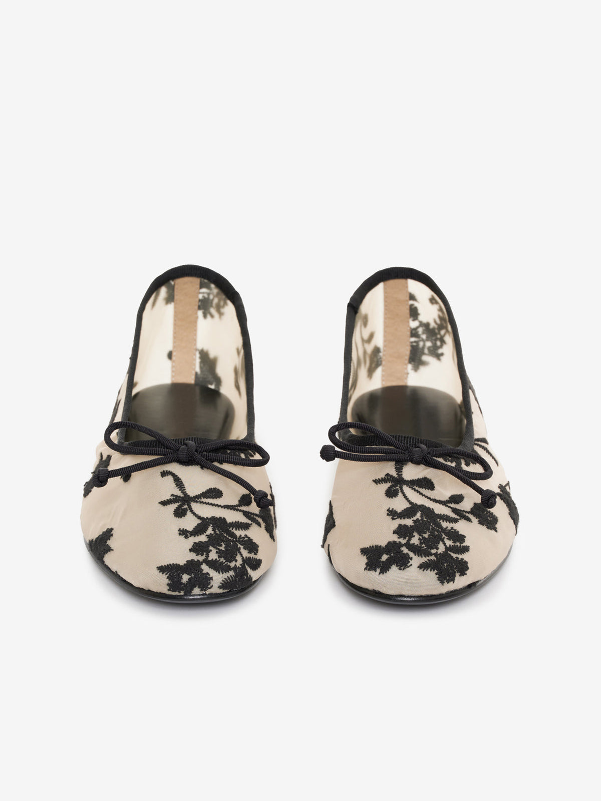 Black Mesh Round-Toe Floral Embroidery Bow Ballet Flats
