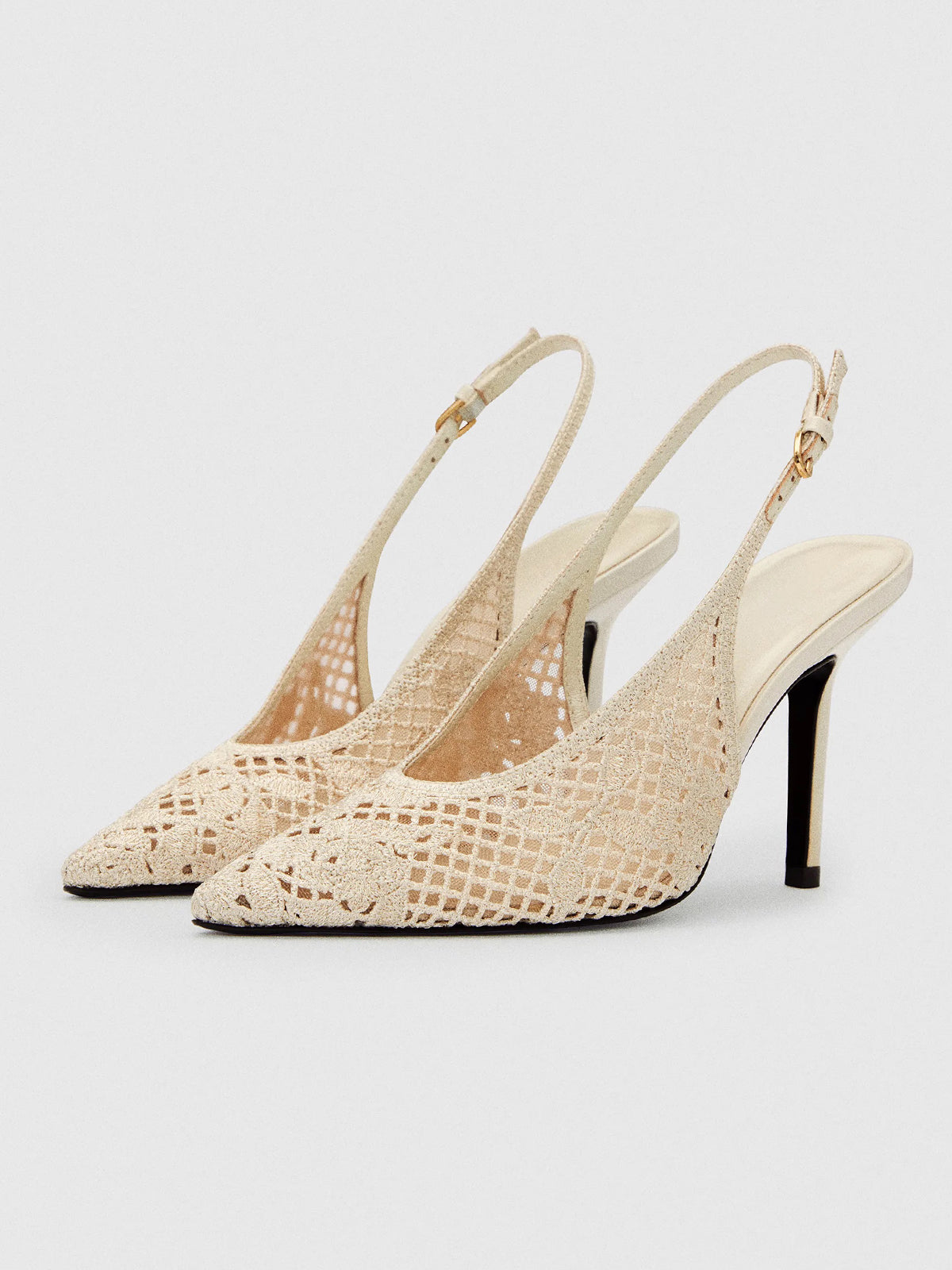 Cream Woven And Mesh Pointed-Toe Buckle Back Strap High Heels