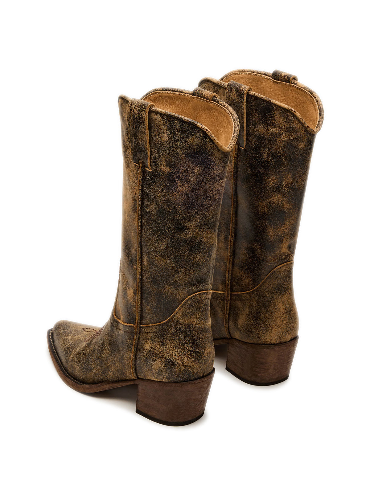 Distressed Brown Pointed-Toe Simple Mid Calf Cowgirl Boots