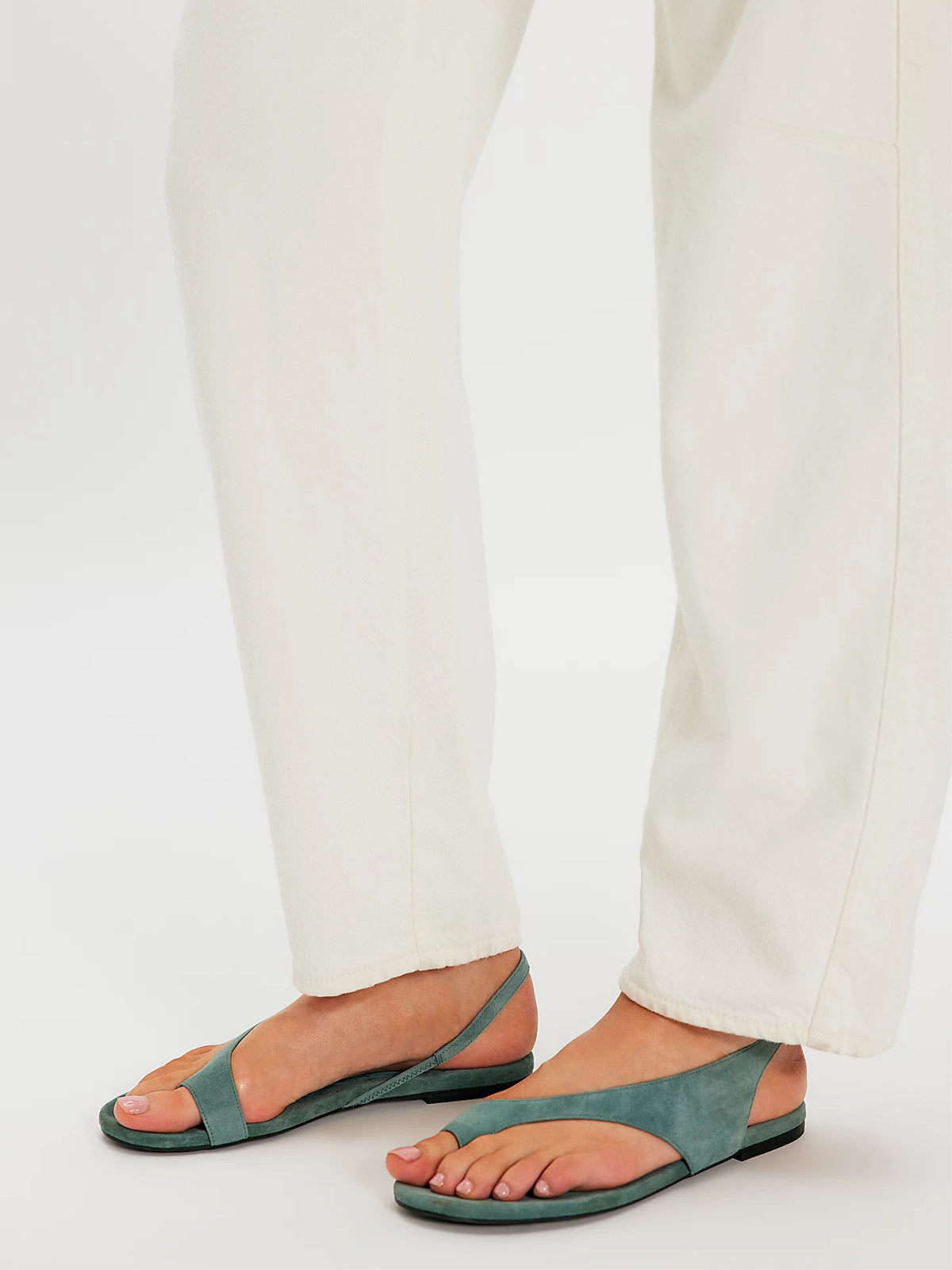 Teal Faux Suede Round-Toe Toe-Loop Design Slingback Flats