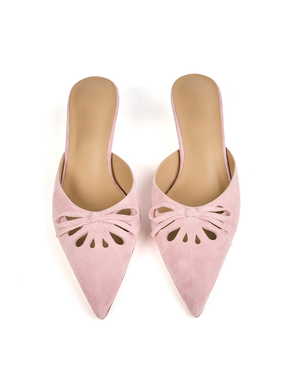 Pink Faux Suede Pointed-Toe Front Cut-Out And Bow Backless Kitten Heels
