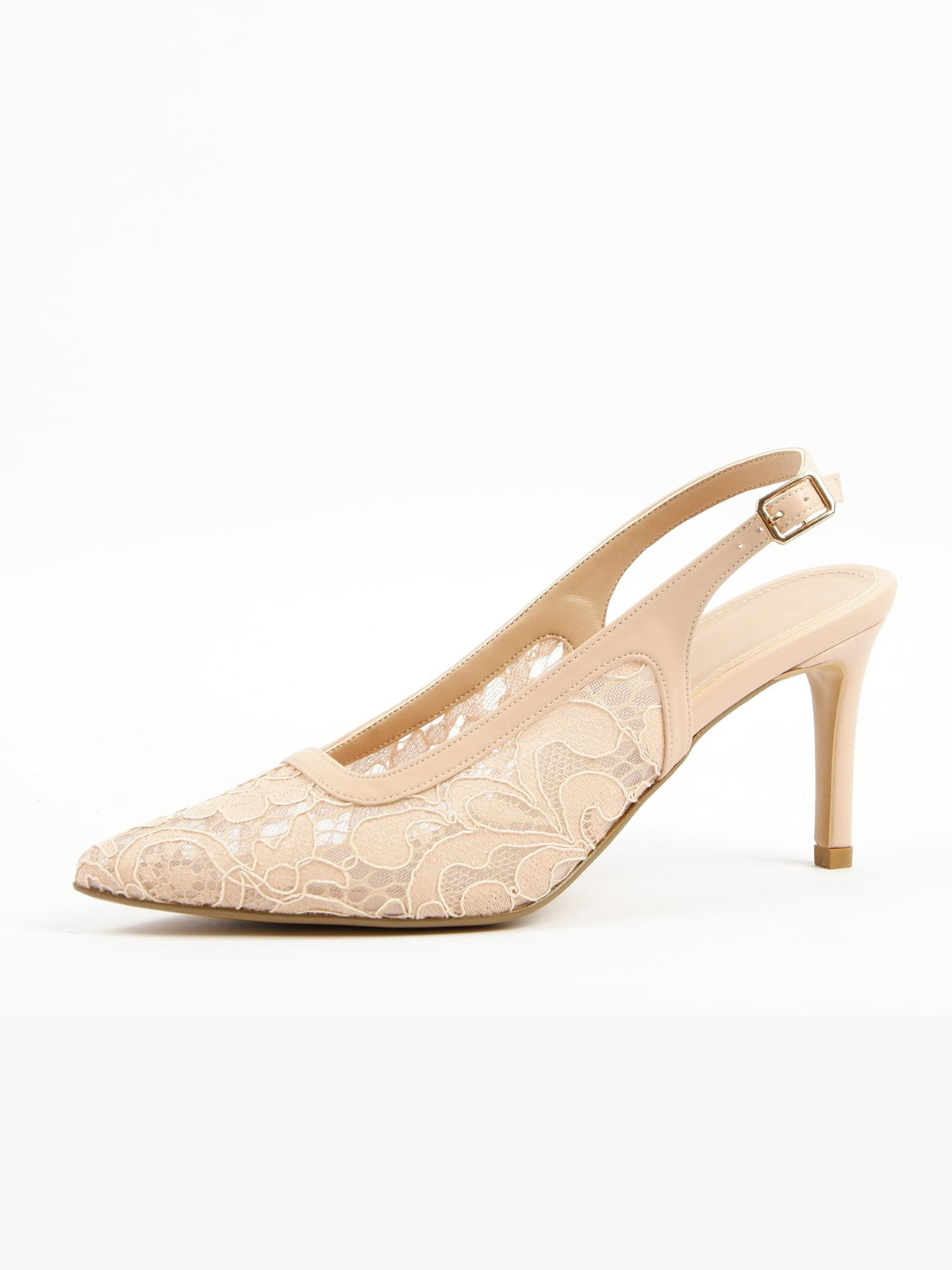 Nude Lace Mesh Pointed-Toe Classic Back Strap Chic Kitten Heels