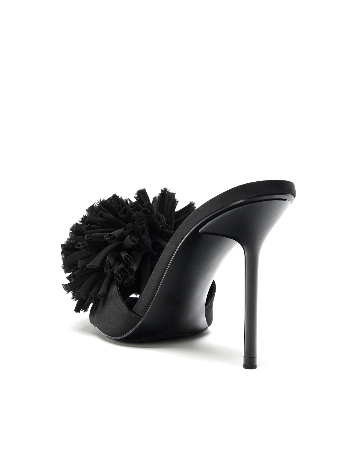 Black Satin Pointed-Toe Front Maxi Pompom Backless High Heels