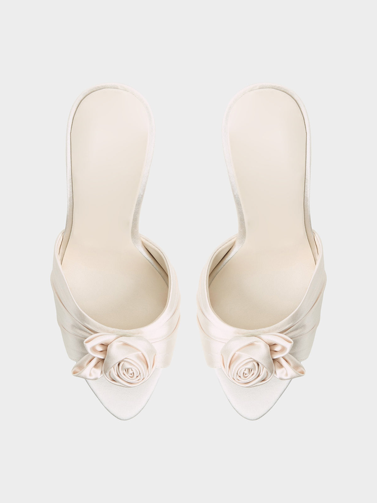 Ivory Satin Peep Round-Toe Front Rose Detail Slip-On High Heels