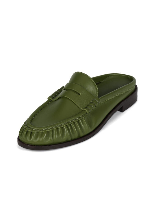 Round-Toe Backless Slip-On Loafer Mule Flats - Green