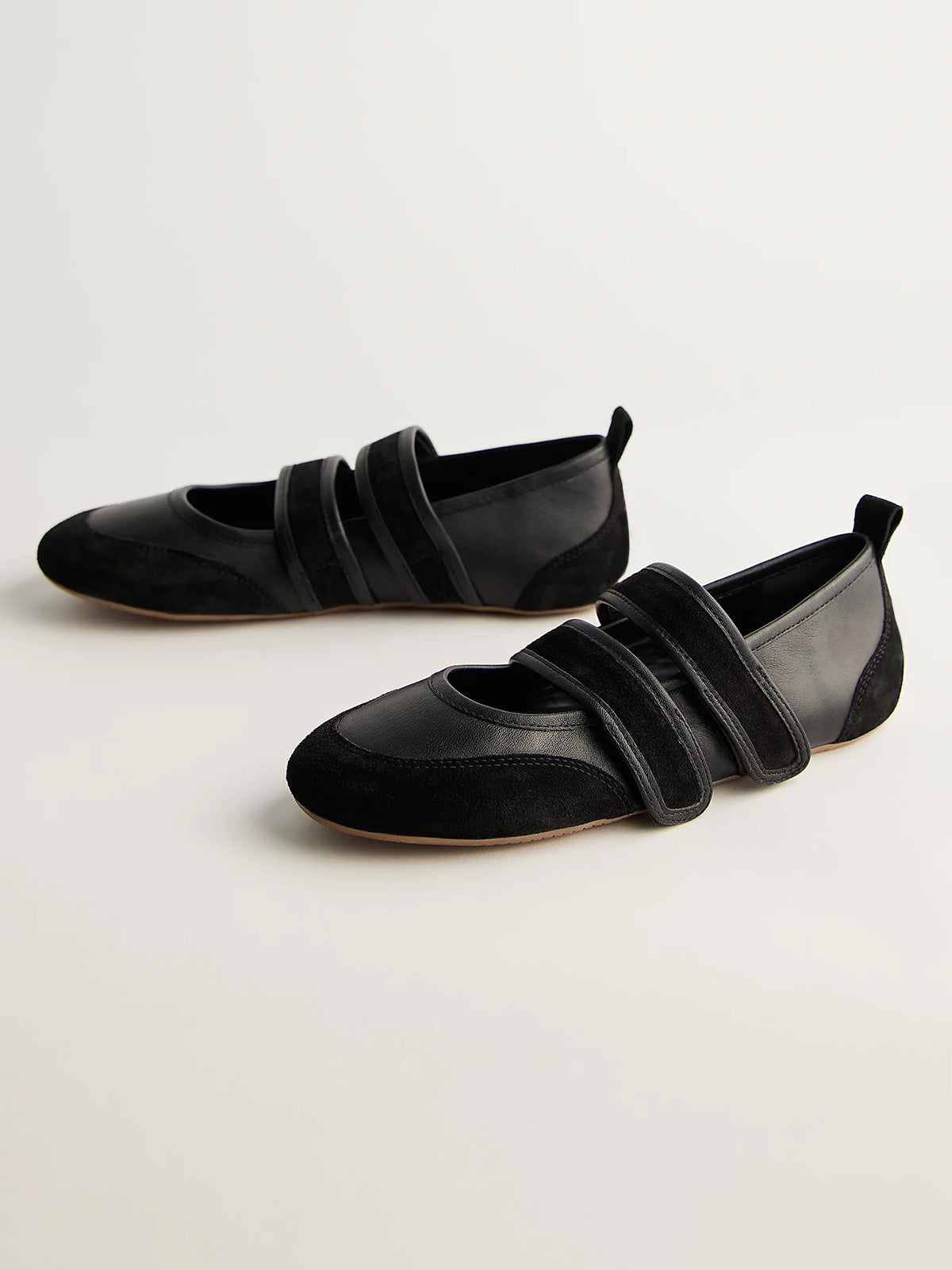Black Cow Leather And Cow Suede Round-Toe Double Middle Straps Sneakers