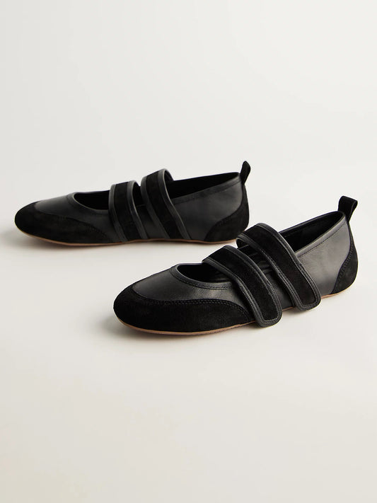 Black Cow Leather And Cow Suede Round-Toe Double Middle Straps Sneakers