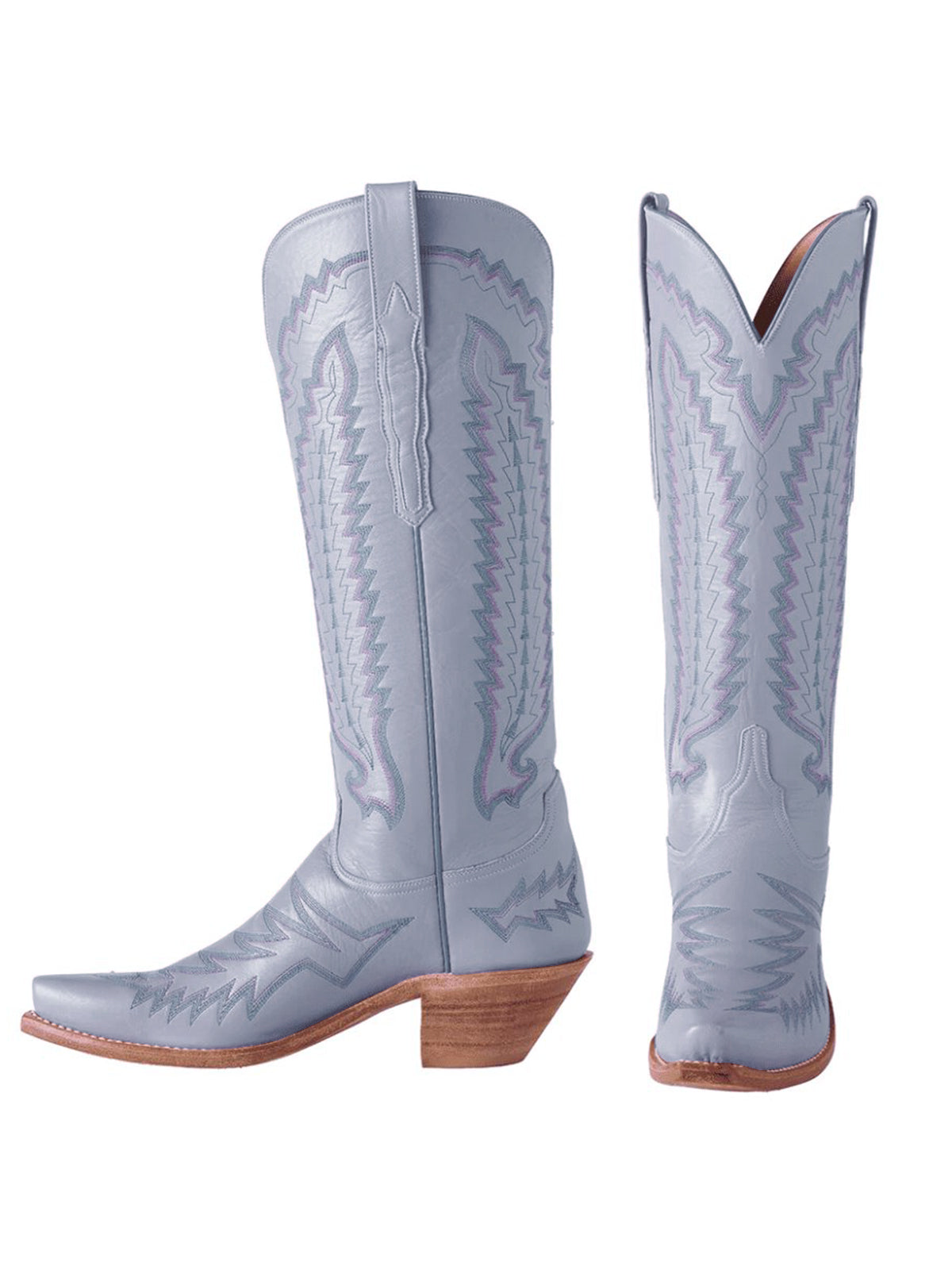 Snip-Toe Embroidery Wide Calf Knee High Tall Cowgirl Boots - Light Blue
