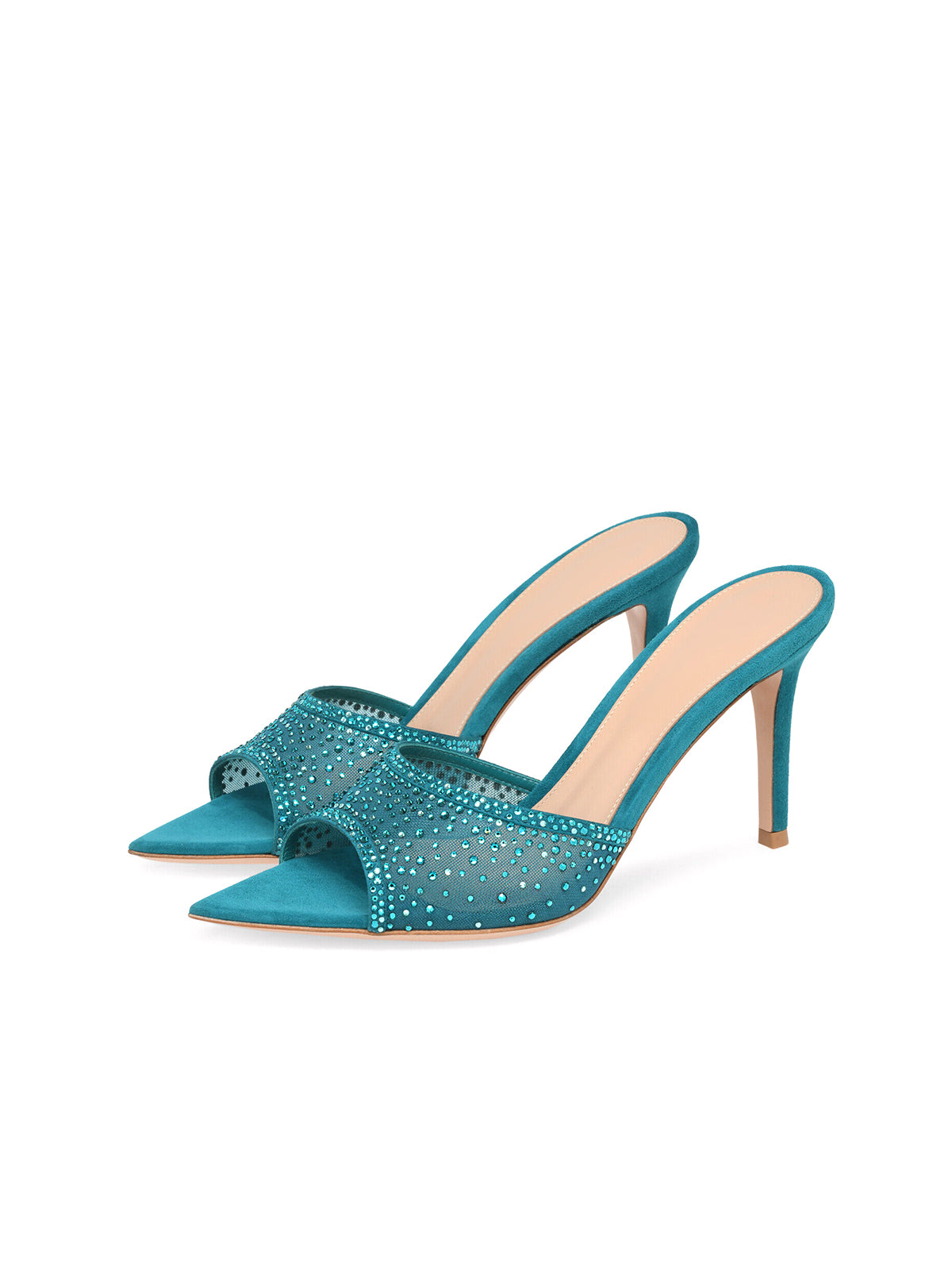 Rhinestones Mesh Open Pointed-Toe Backless Slip-On High Heels – Light Blue