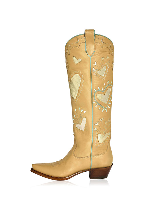 Neutral Snip-Toe Metallic Heart Applique And Inlay Wide Calf Knee High Cowgirl Boots