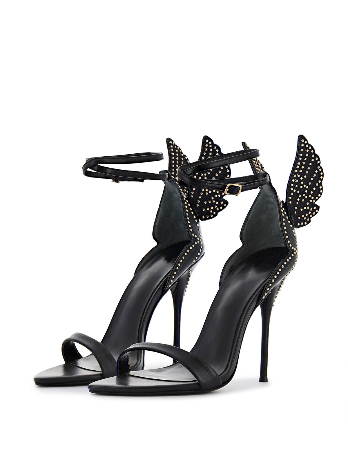 Black Pointed-Toe Gold Studded Back 3D-Wing Double Ankle Strap High Heels
