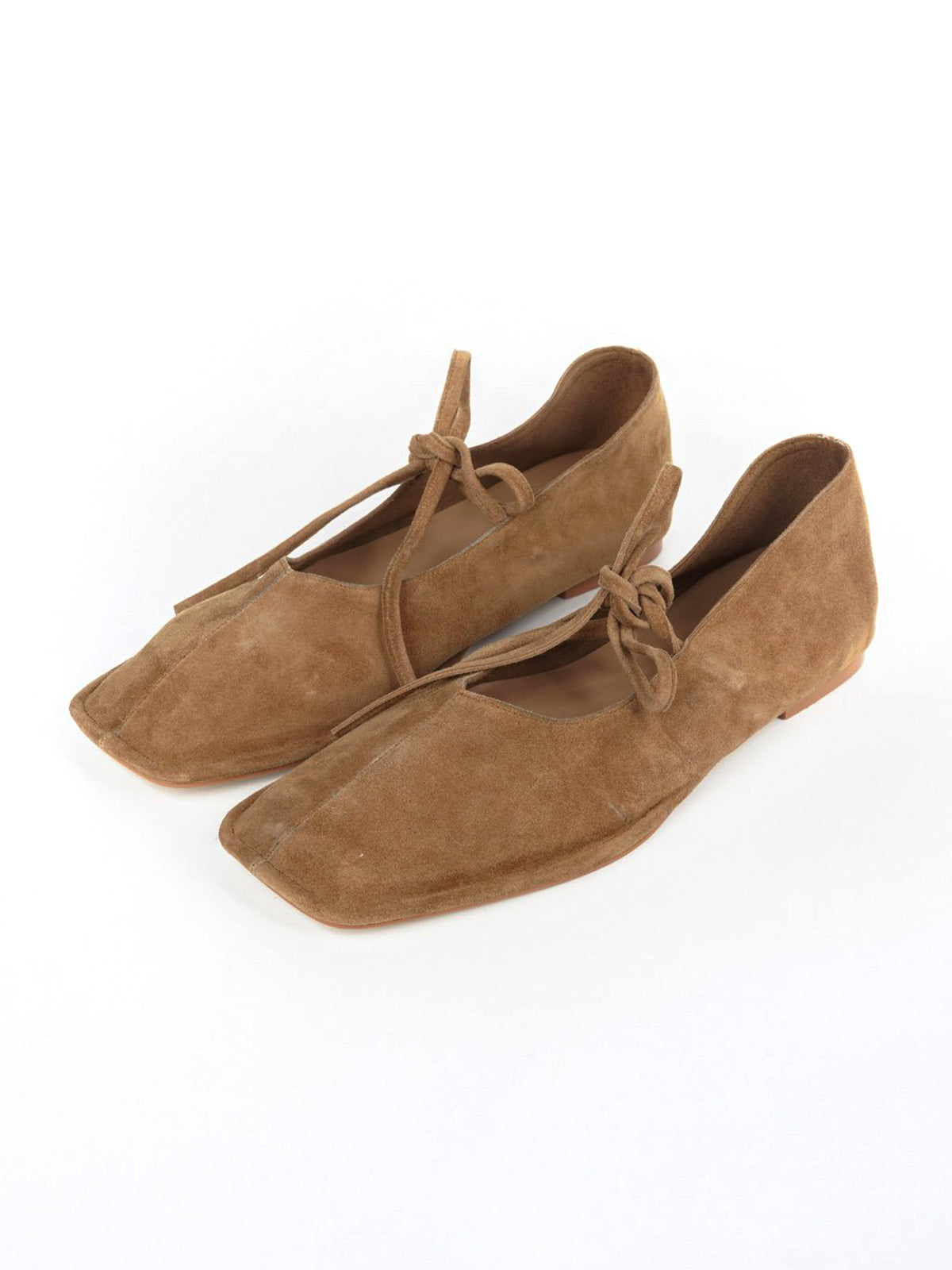 Tan Faux Suede Square-Toe Middle Strap Slip-On Chic Flats