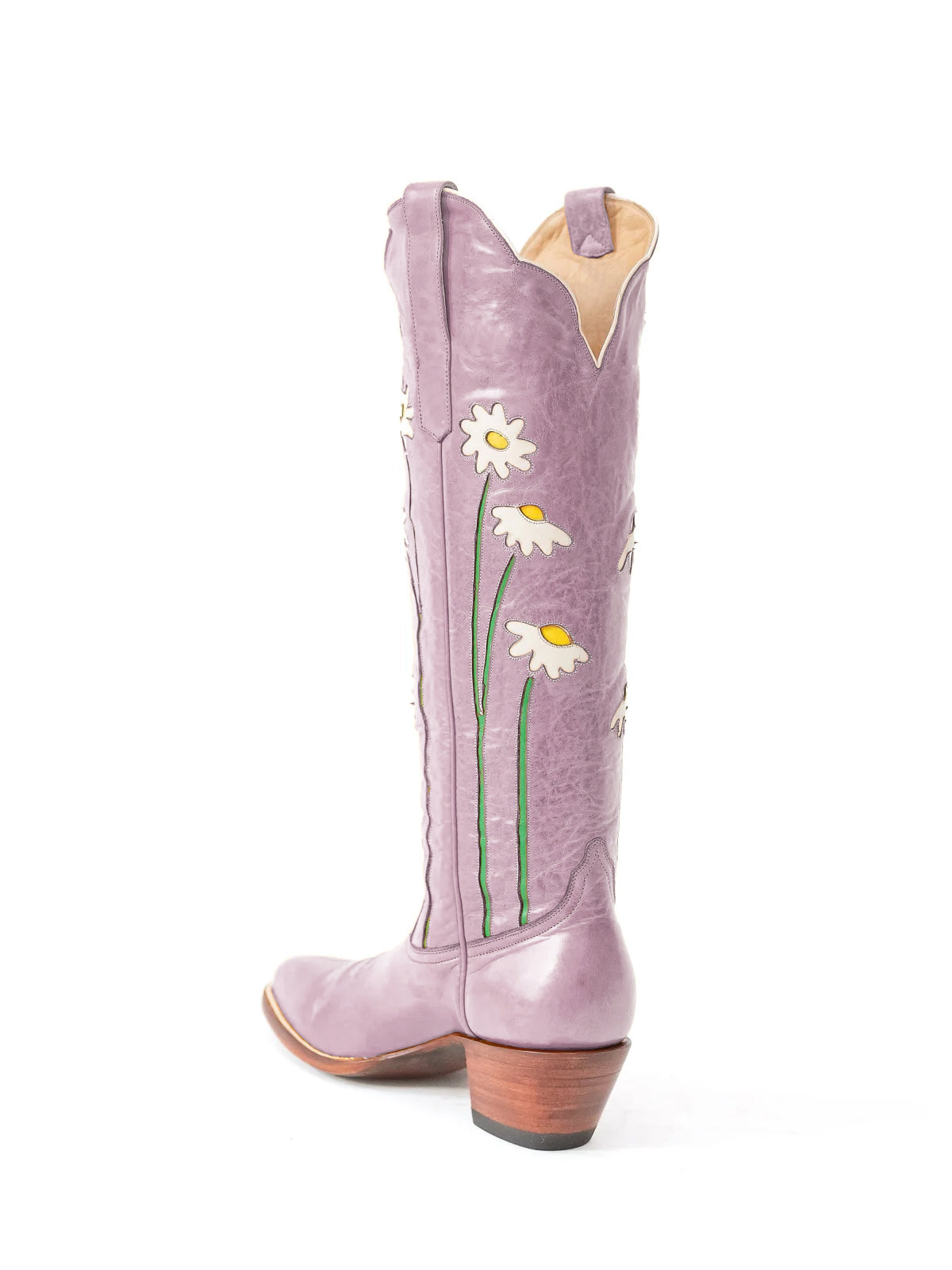 Lavender Almond-Toe Wide Calf Western Boots Knee High Tall Boots With Floral Inlay