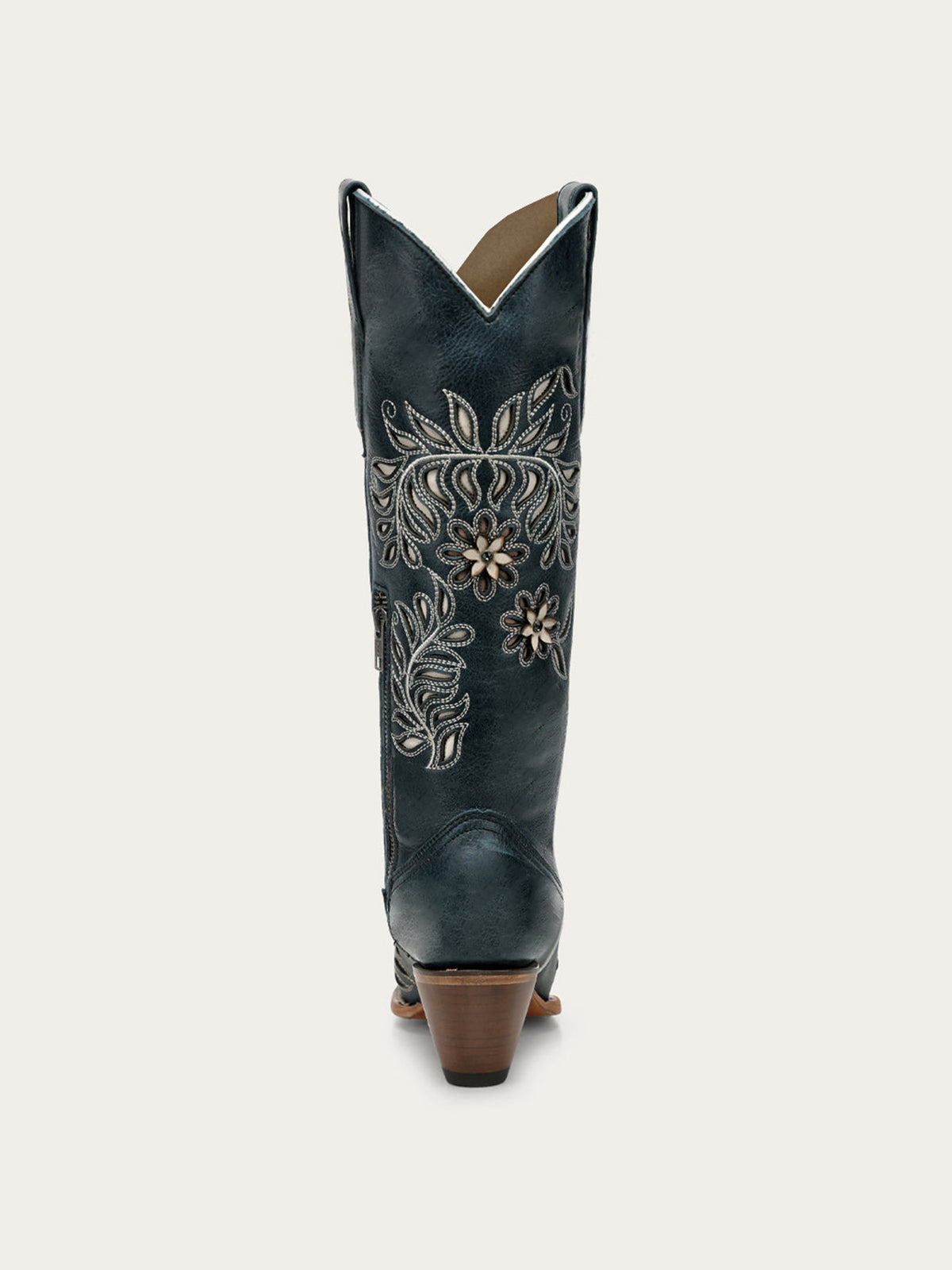 Navy Snip-Toe Leaves Flowers And Bird Inlay Half-Zip Knee High Cowgirl Boots