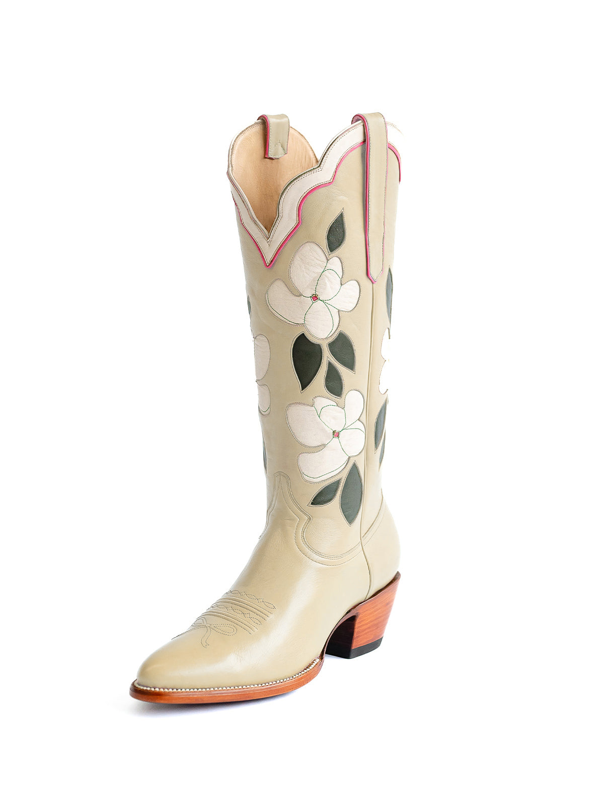 Cream Almond-Toe White Flower Inlay Wide Calf Knee High Cowgirl Boots