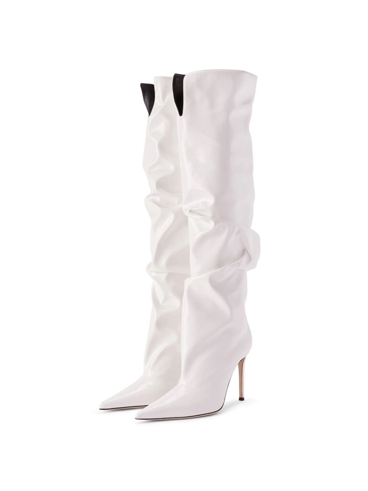 Patent White Pointed-Toe Sleek Wide Calf Knee High Stiletto Boots