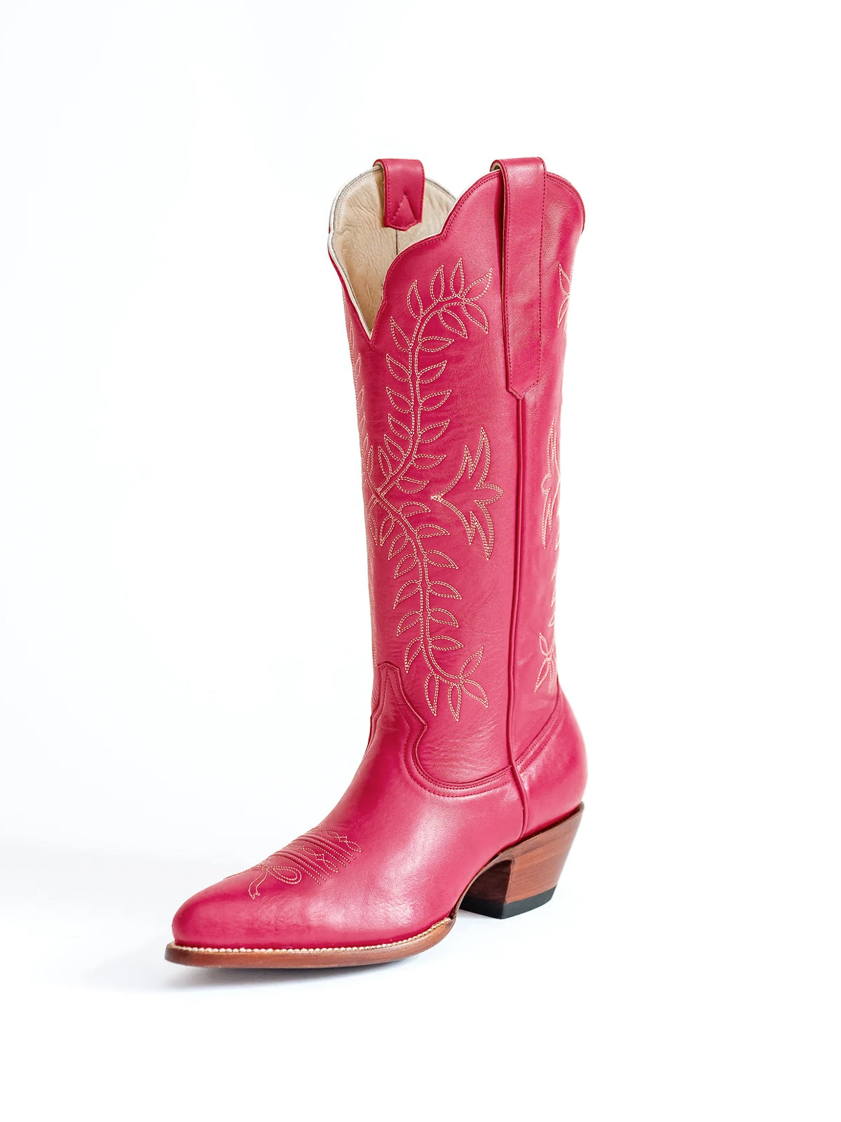 Leaves Embroidery Almond-Toe Wide Knee High Cowgirl Boots - Rose Red