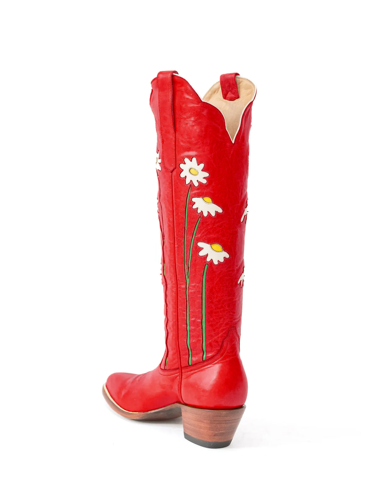 Red Almond-Toe Wide Calf Western Boots Knee High Tall Boots With Floral Inlay