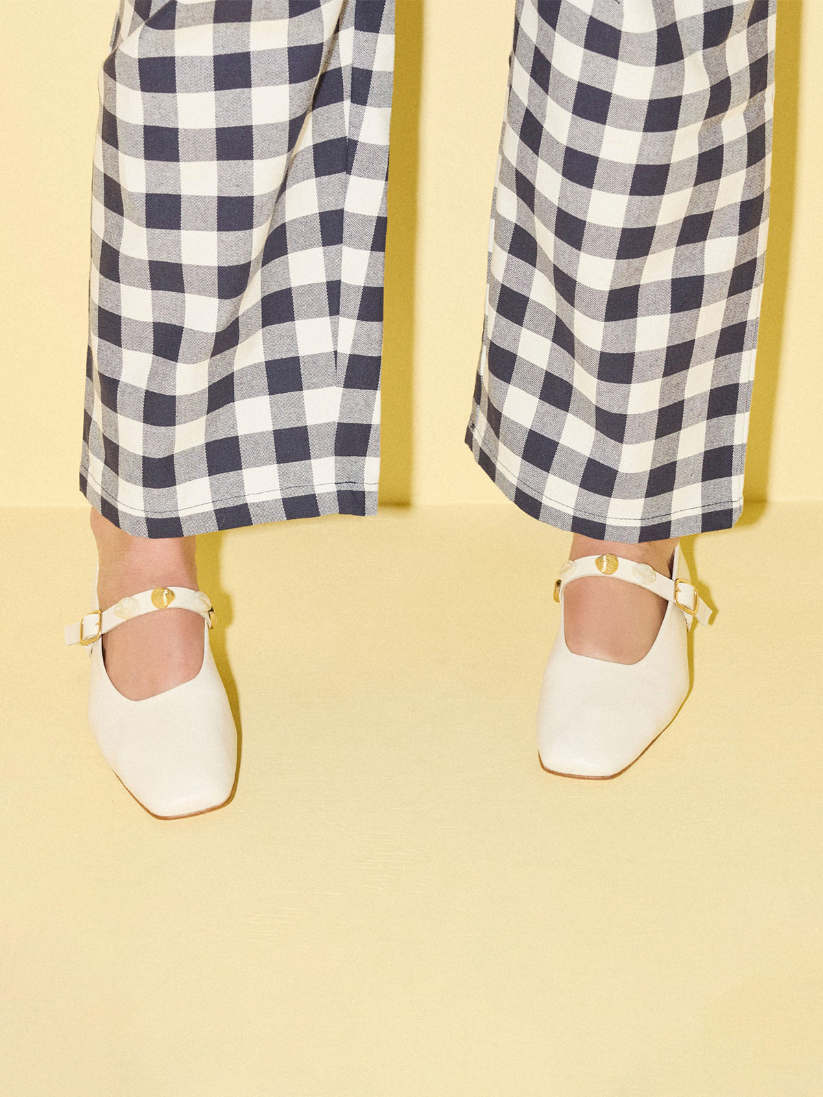 Bone Square-Toe Bridge Strap With Gold Shells Mary Jane Flats